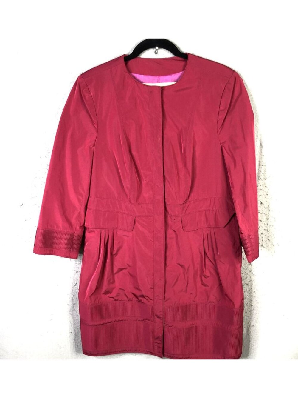 Burberry Coat Womens 14 Pink Taffeta Rain Collarless Zip Pleated Hem Mid Length